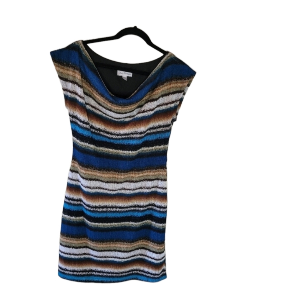 Olivia Matthews blue, tan, green & brown dress.